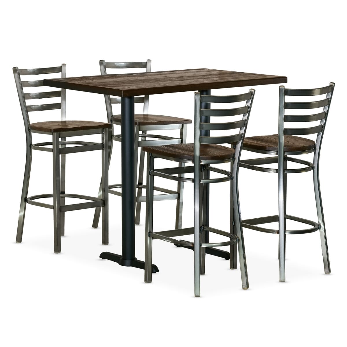 Clear Coat Industrial Restaurant Bar Height Rectangular Table Set with 4 Ladderback Bar Stools