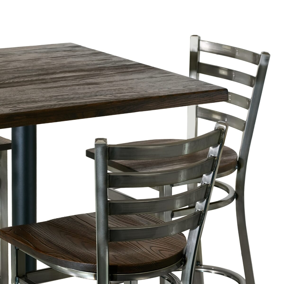 Clear Coat Industrial Restaurant Bar Height Table Set with 4 Ladderback Bar Stools