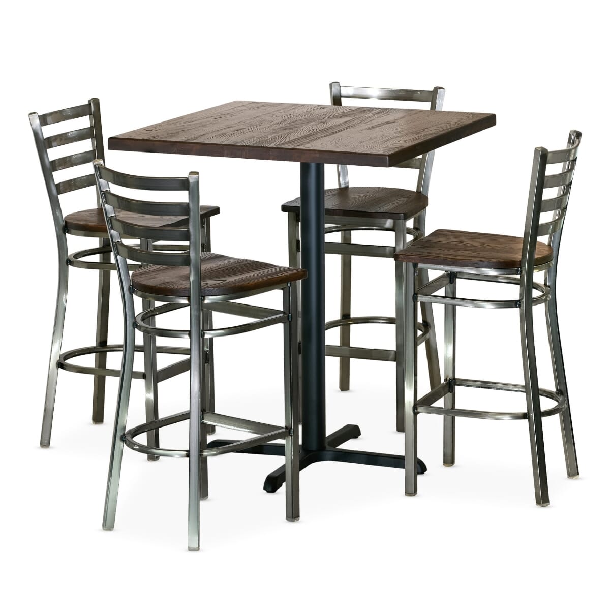 Clear Coat Industrial Restaurant Bar Height Table Set with 4 Ladderback Bar Stools
