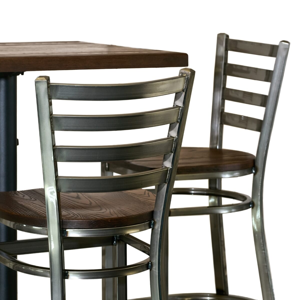 Clear Coat Industrial Restaurant Bar Height Rectangular Table Set with 6 Ladderback Bar Stools