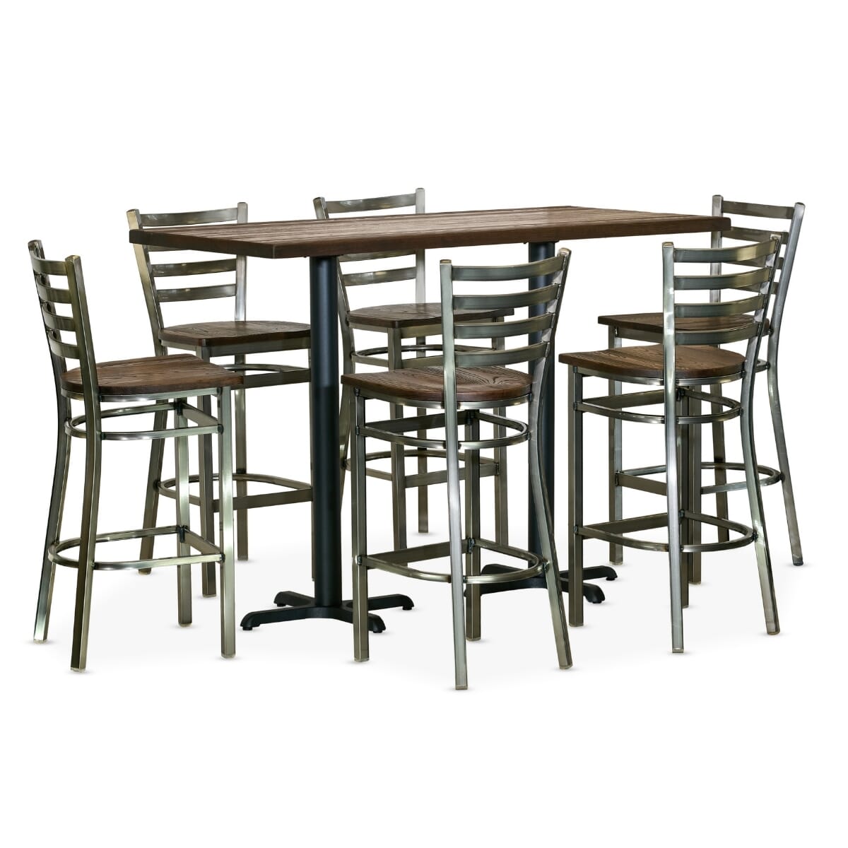 Clear Coat Industrial Restaurant Bar Height Rectangular Table Set with 6 Ladderback Bar Stools