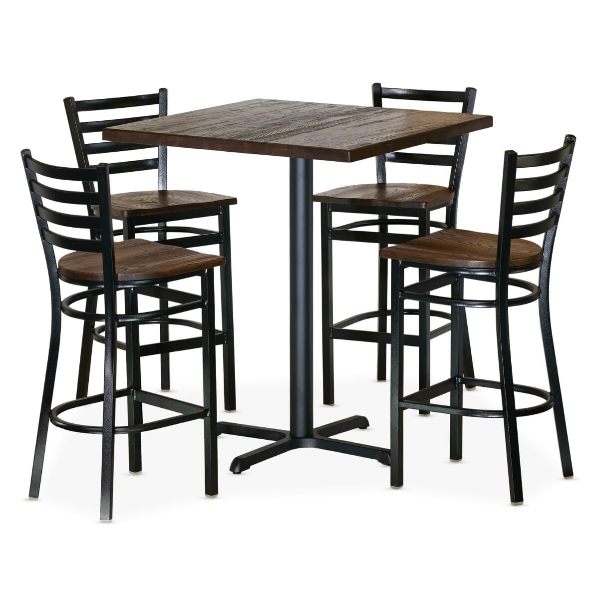 Black Finish Industrial Restaurant Bar Height Table Set with 4 Ladderback Bar Stools