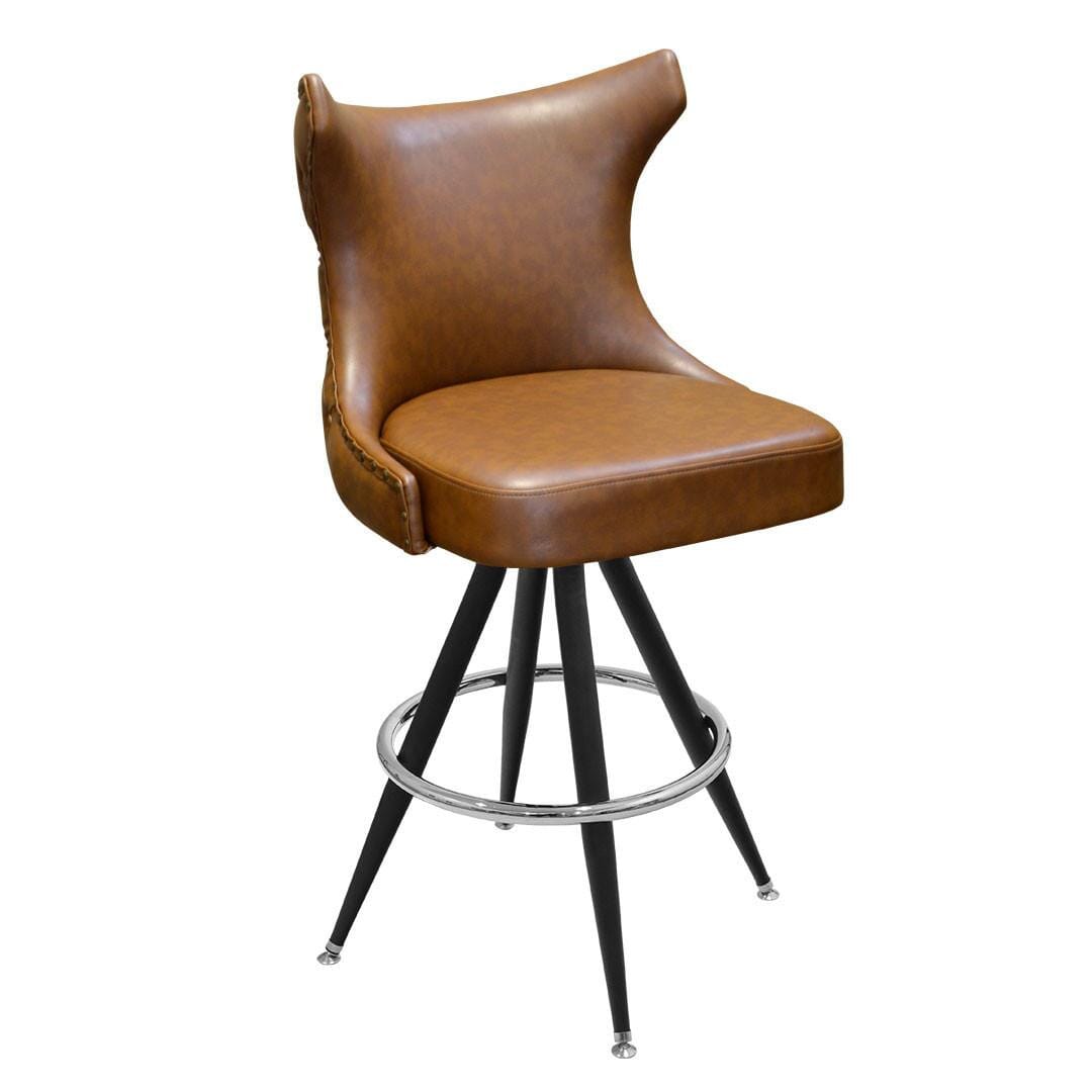 Tufted Back Bucket Bar Stool for Restaurant and Home with Vintage Black Frame and Chrome or Gold Footrest