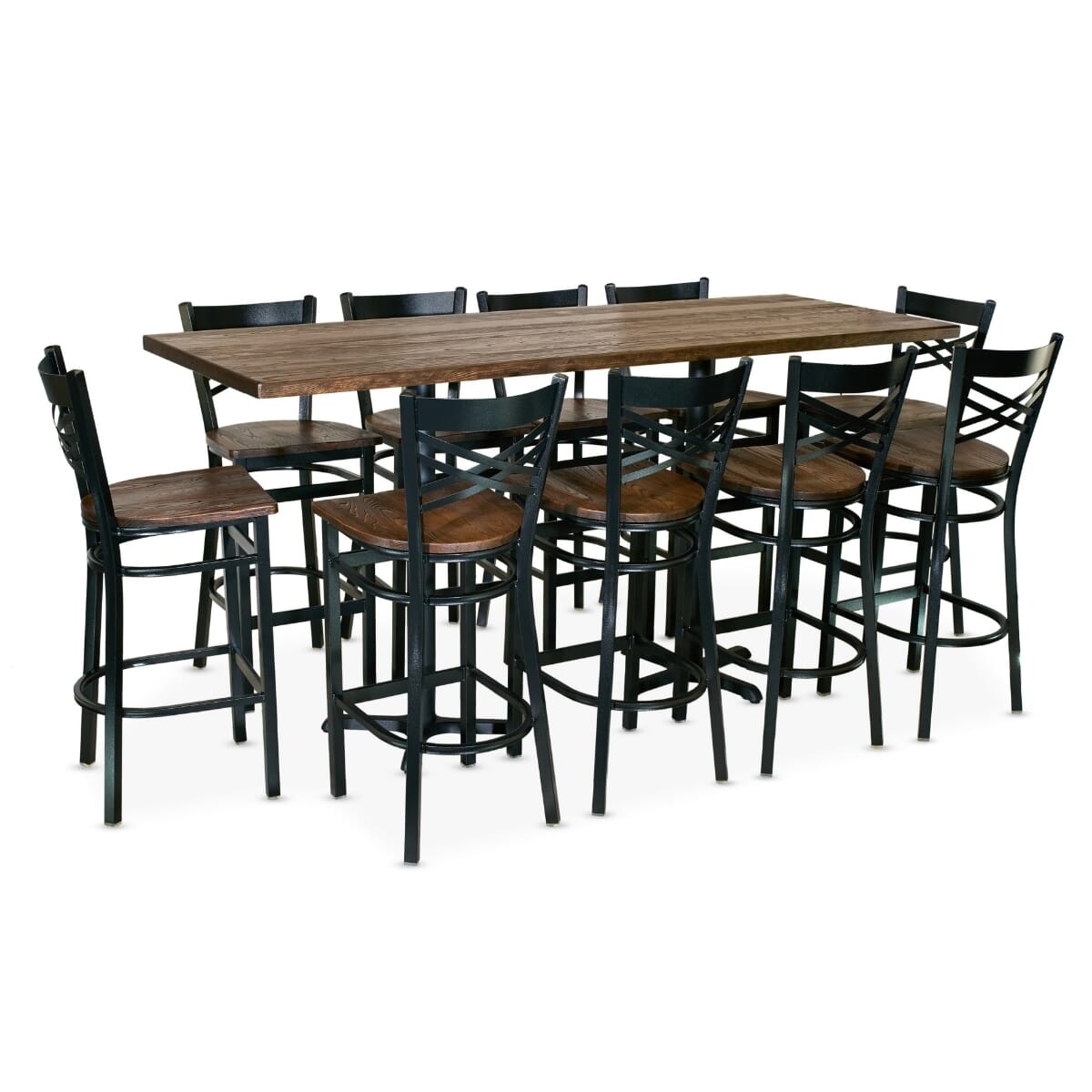 Casual Style Restaurant Bar Height Rectangular Large Table Set with 10 Black Crossback Bar Stools