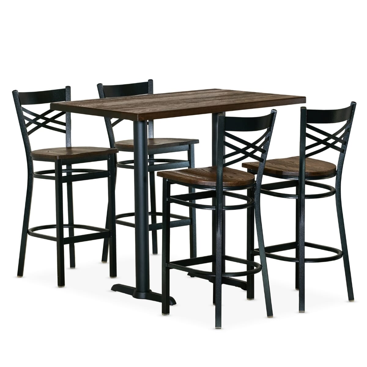 Casual Dining Commercial Bar Height Rectangular Table Set with 4 Black Crossback Bar Stools