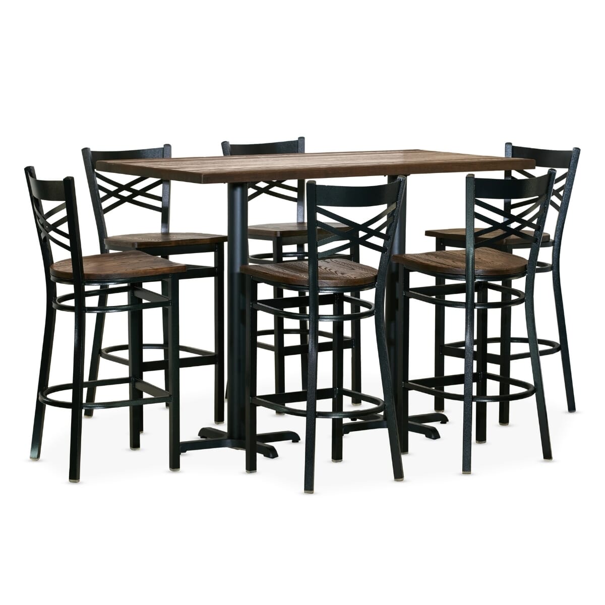 Casual Dining Restaurant Bar Height Rectangular Table Set with 6 Black Crossback Bar Stools