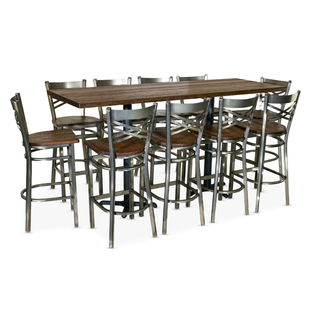 Casual Bar Height Large Size Restaurant Table Set with 10 Clear Coat Distressed Crossback Bar Stools