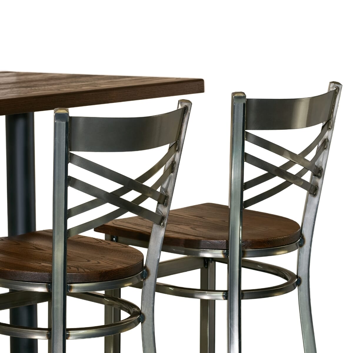 Casual Dining Restaurant Bar Height Rectangular Table Set with 4 Clear Coat Distressed Crossback Bar Stools