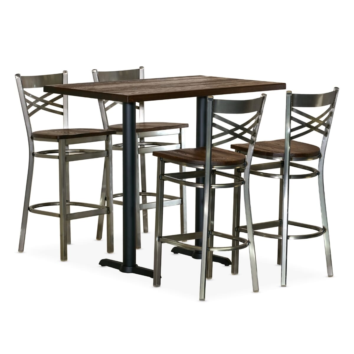 Casual Dining Restaurant Bar Height Rectangular Table Set with 4 Clear Coat Distressed Crossback Bar Stools