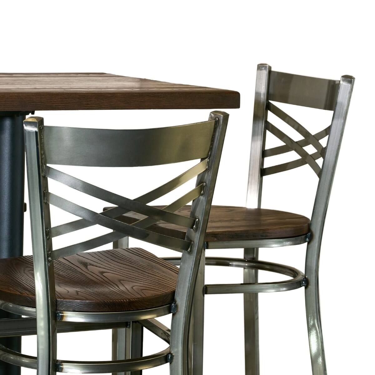 Casual Bar Height Large Size Restaurant Table Set with 10 Clear Coat Distressed Crossback Bar Stools