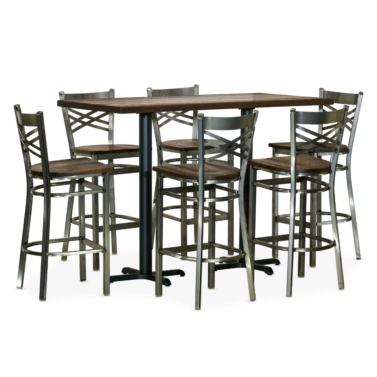 Casual Dining Restaurant Bar Height Table Set with 6 Clear Coat Distressed Crossback Bar Stools