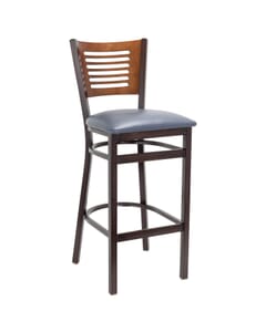 Walnut Metal Commercial Bar Stool with Slatted Walnut Veneer Back and Upholstered Seat (Front)