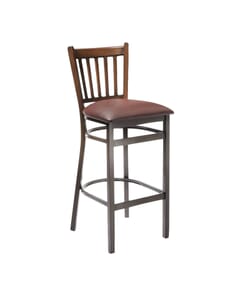Walnut Metal Vertical-Back Commercial Bar Stool with Upholstered Seat (front)