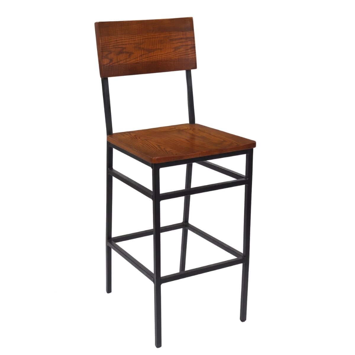 Industrial American Red Oak Restaurant Bar Stool with Black Steel Frame