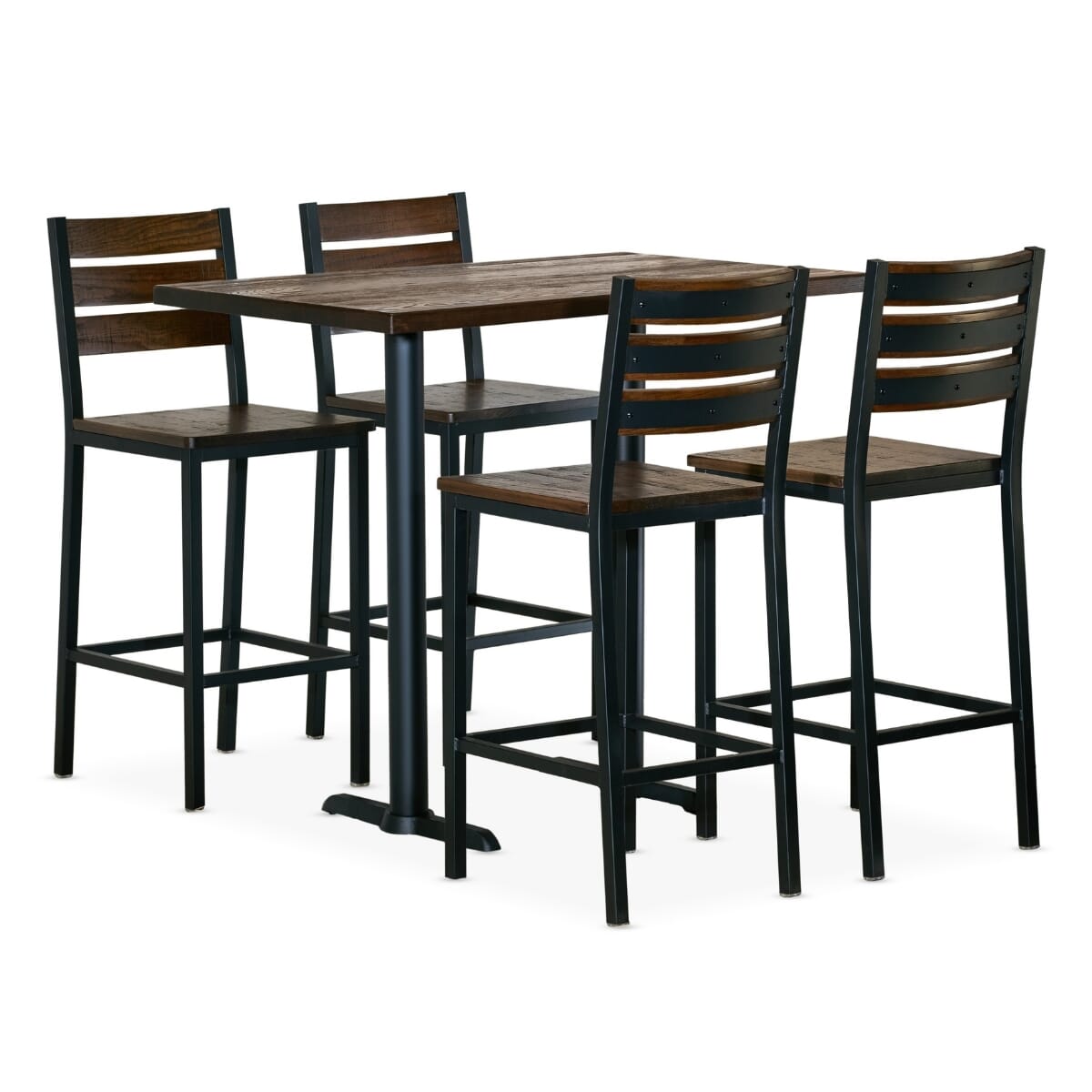 AshForge Commercial Bar Height Rectangular Table Set with 4 Modern Slatted-back Bar Stools