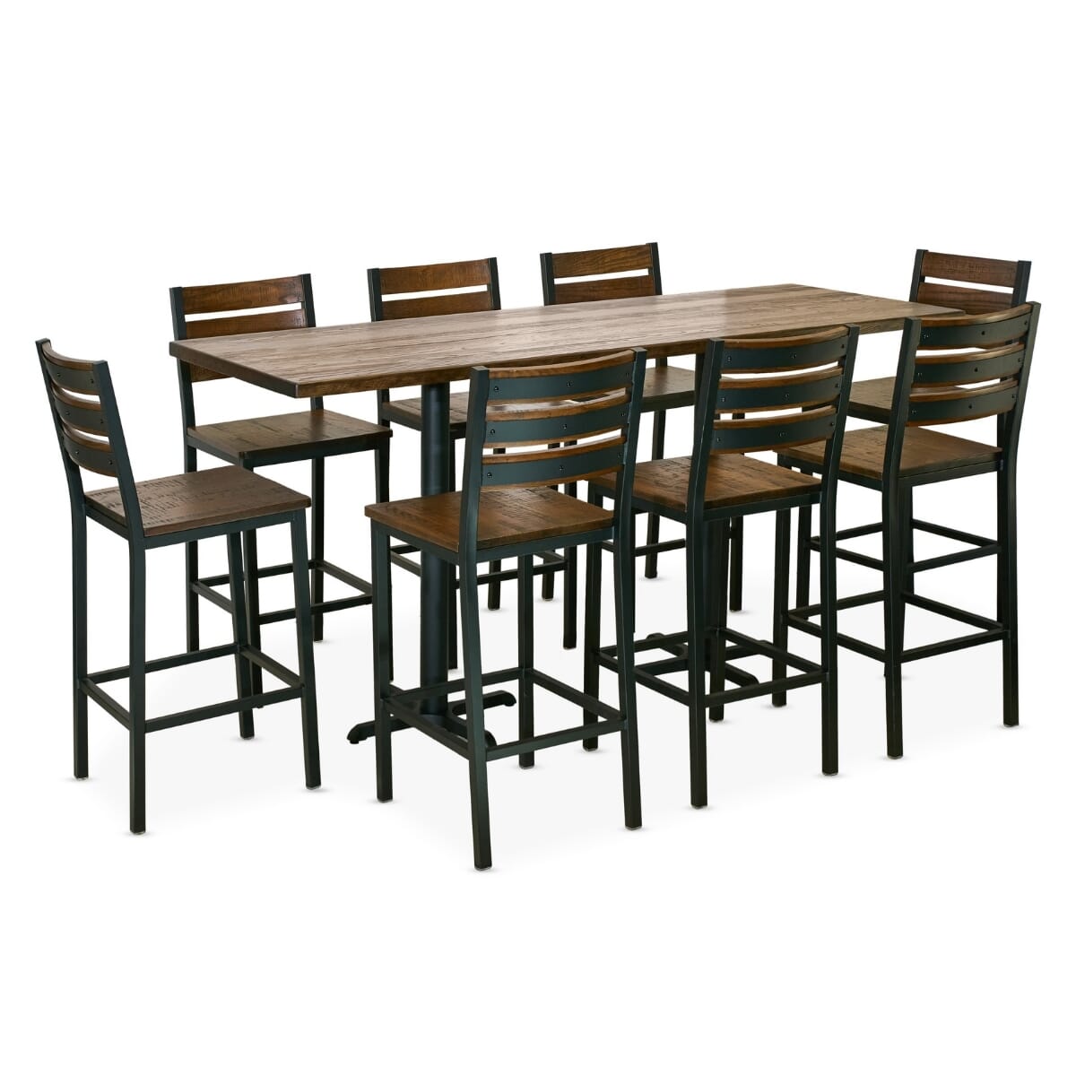 AshForge Bar Height Rectangular Brew Pub Large Table Set with 8 Modern Slatted-back Bar Stools