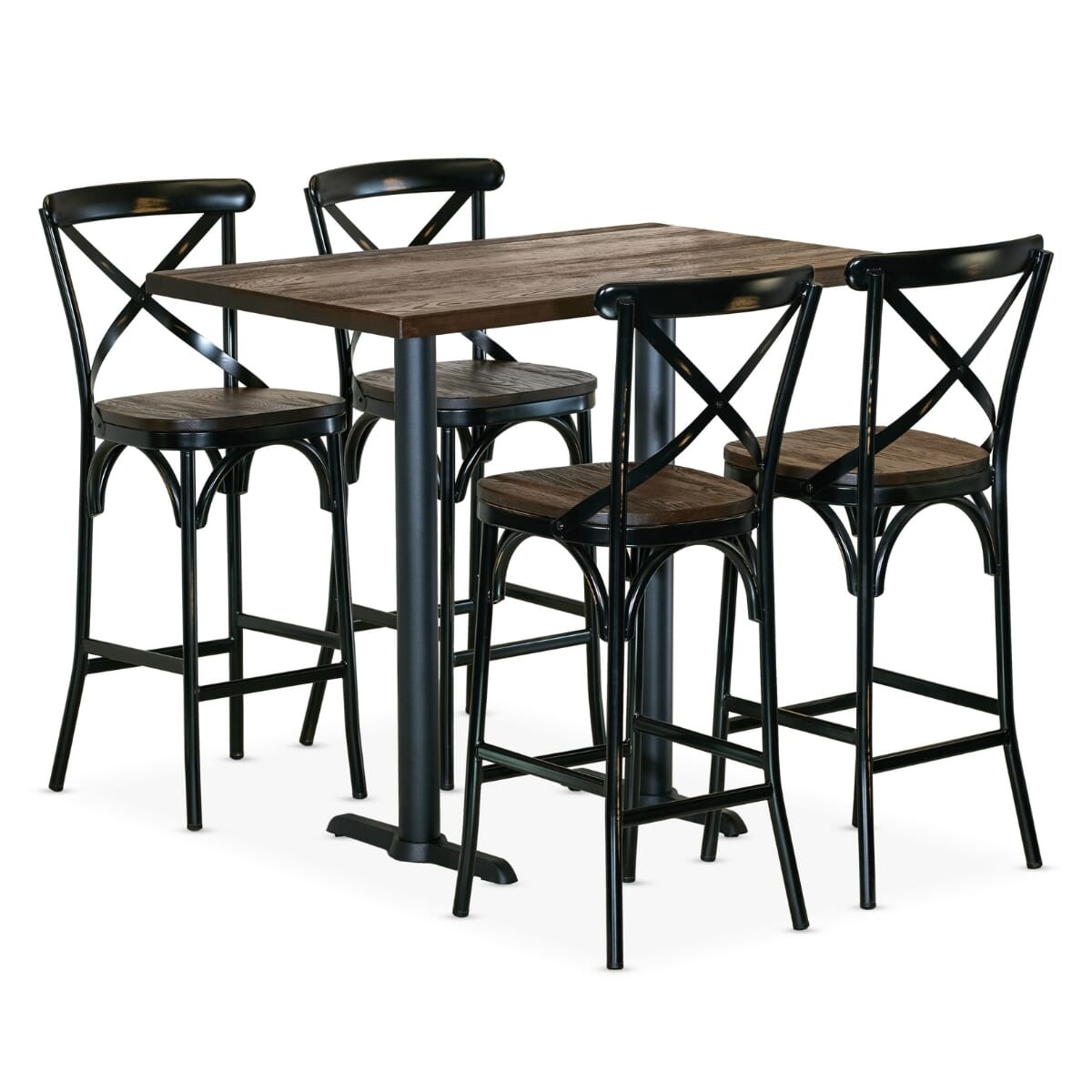Industrial Bistro Bar Height Rectangular Table Set with 4 Vintage Cross Back Metal Bar Stools