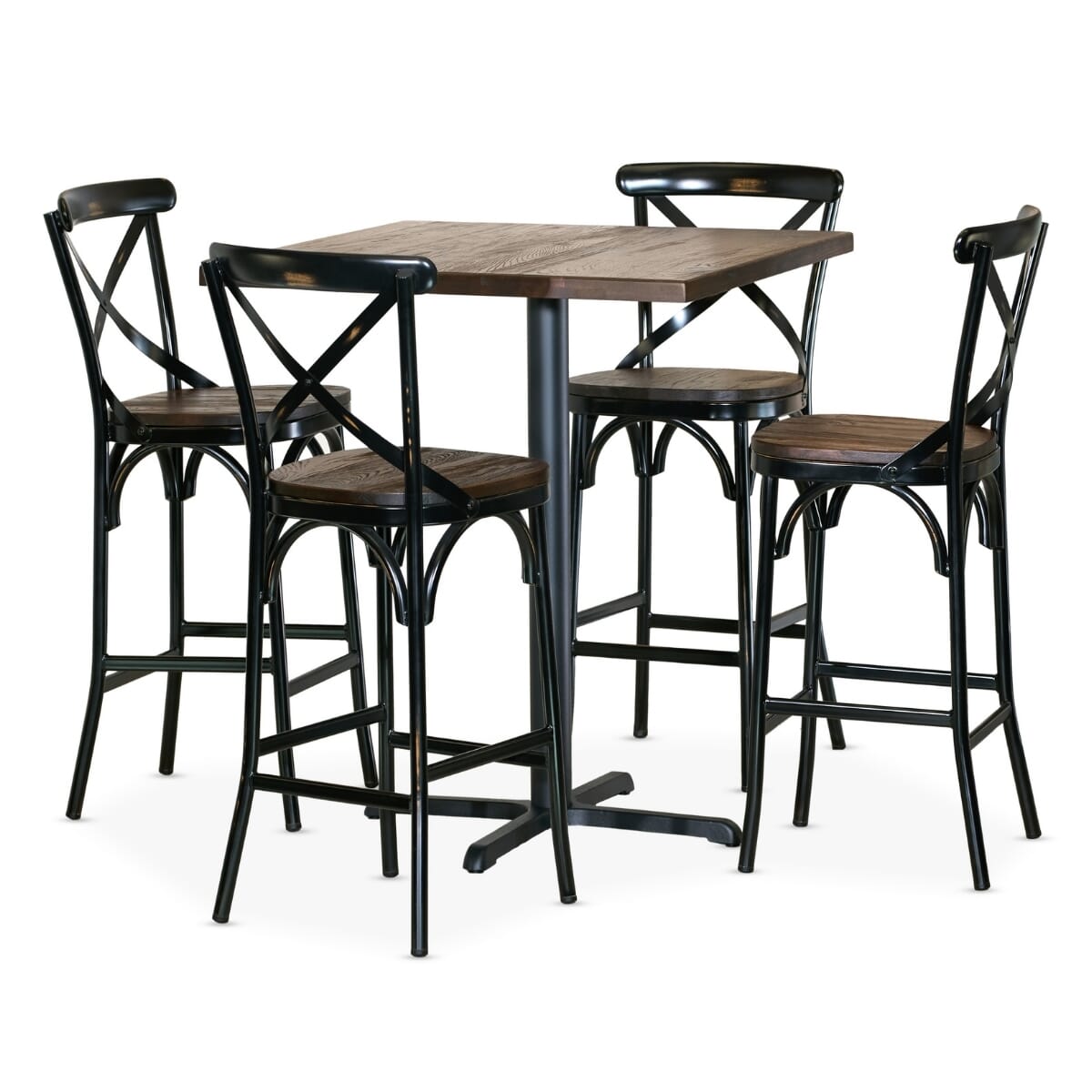 Industrial Style Bistro Bar Height Table Set with 4 Vintage X-Back Metal Bar Stools