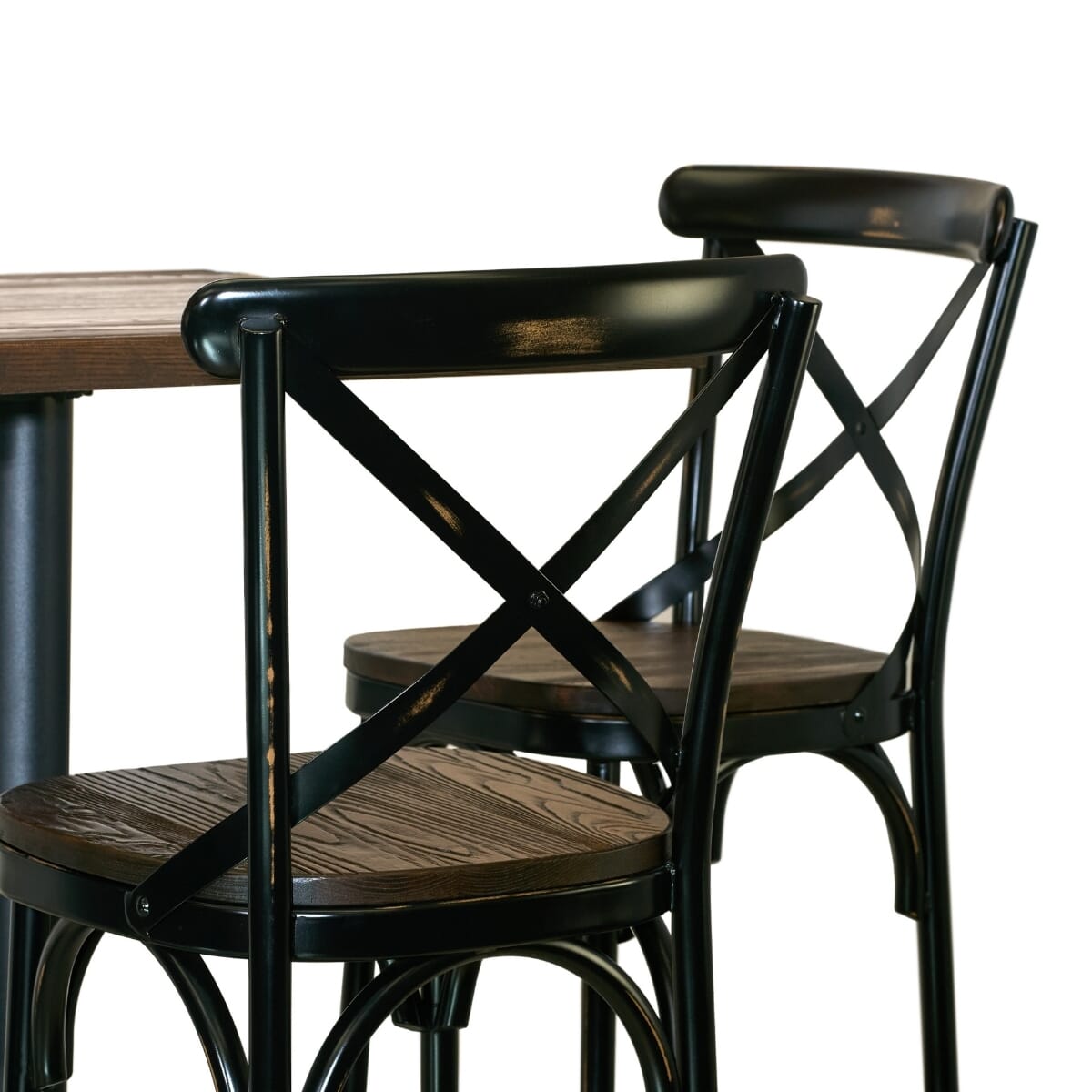 Industrial Bistro Bar Height Rectangular Table Set with 8 Vintage Cross Back Metal Bar Stools