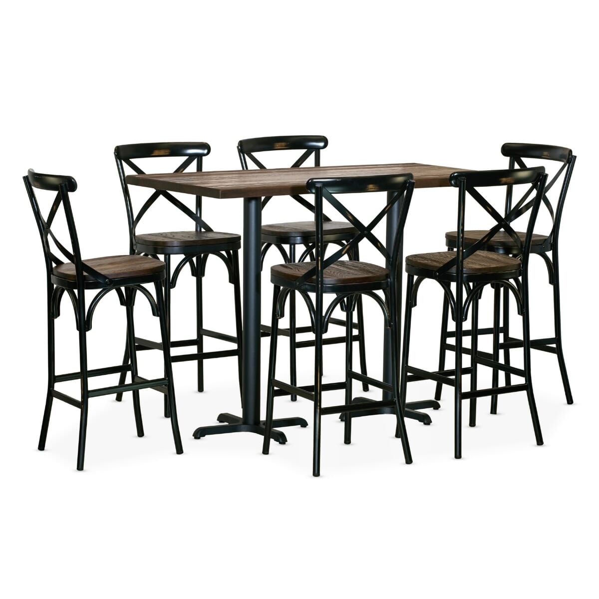 Industrial Bistro Bar Height Rectangular Table Set with 6 Vintage Cross Back Metal Bar Stools