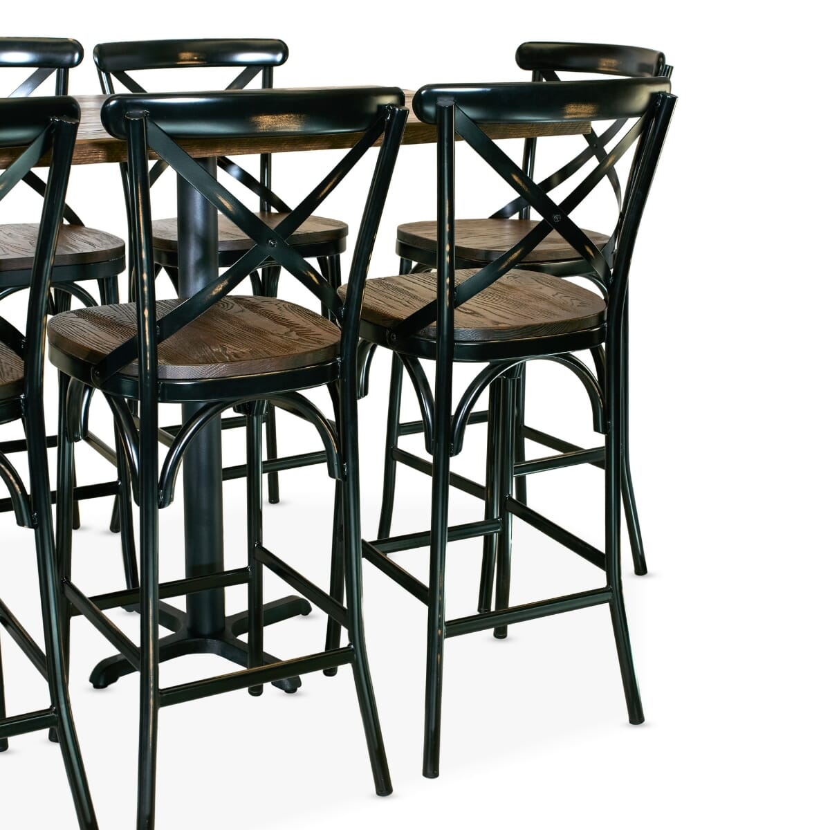 Industrial Bistro Bar Height Rectangular Table Set with 10 Vintage X-Back Steel Bar Stools