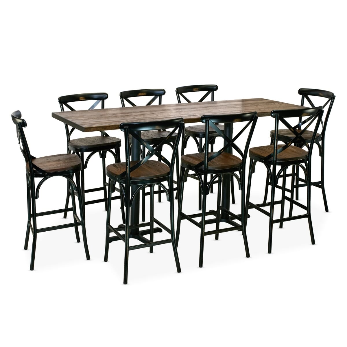 Industrial Bistro Bar Height Rectangular Table Set with 8 Vintage Cross Back Metal Bar Stools