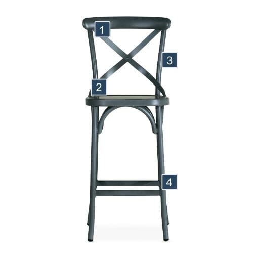French Grey Steel Cross-Back Bar Stool Features