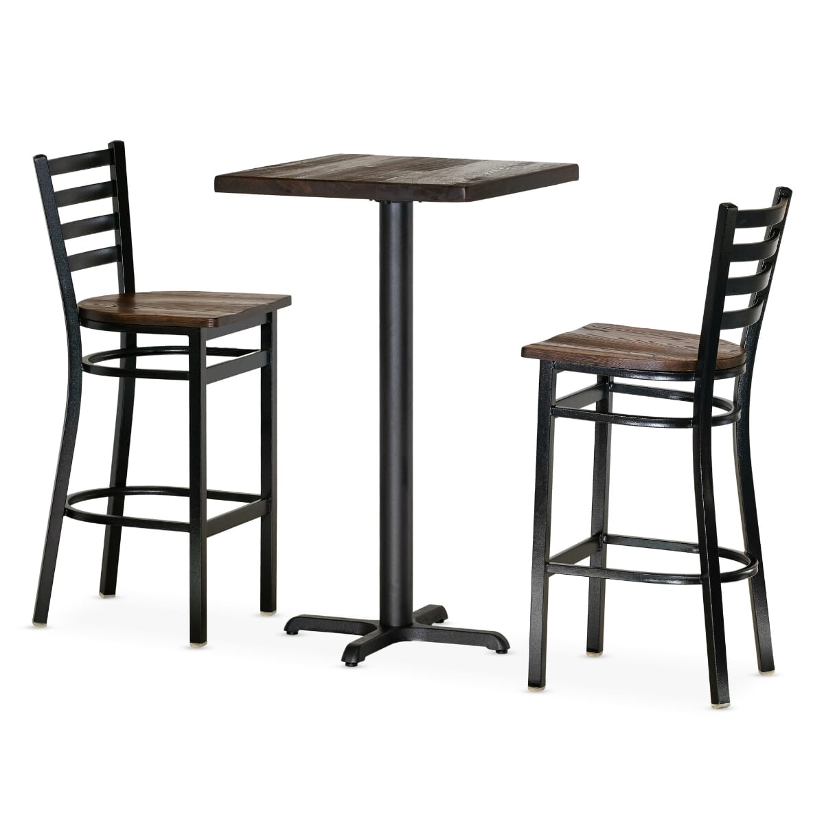 Black Finish Industrial Restaurant Bar Height Table Set with 2 Ladderback Bar Stools