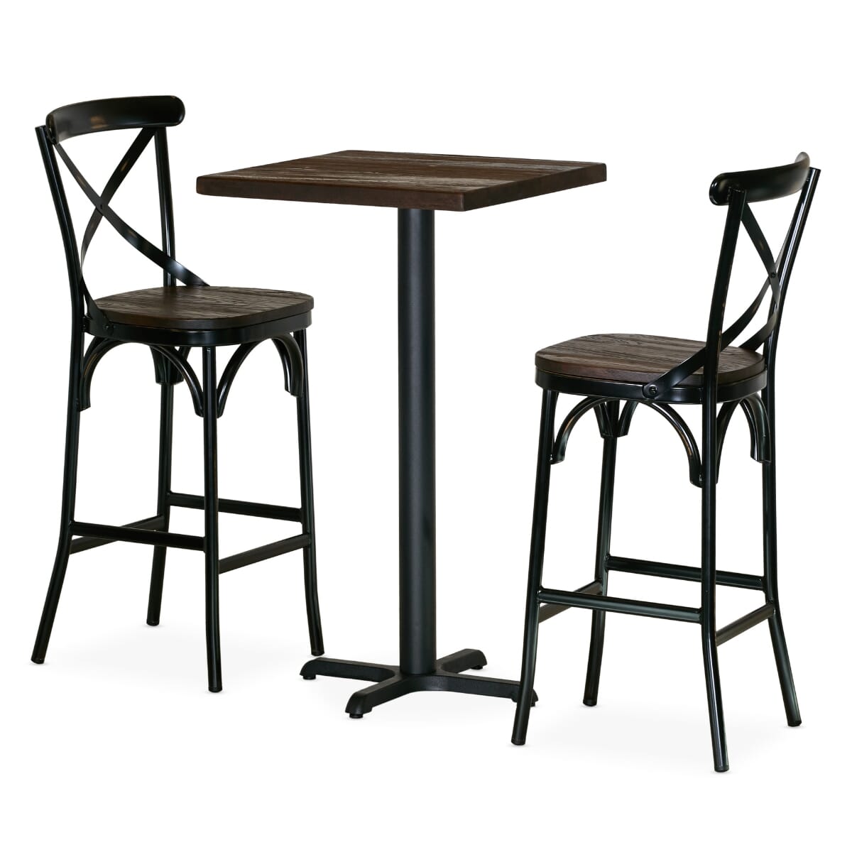 Industrial Bistro Bar Height Restaurant Table Set with 2 Classic X-Back Wood Seat Bar Stools