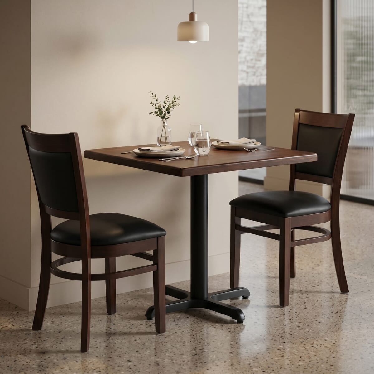 2-Seat Easton Walnut Restaurant Set with Black Vinyl Chairs