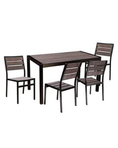 Black Frame Stackable Outdoor Restaurant Chair With Brushed Brown Synthetic Teak Slats