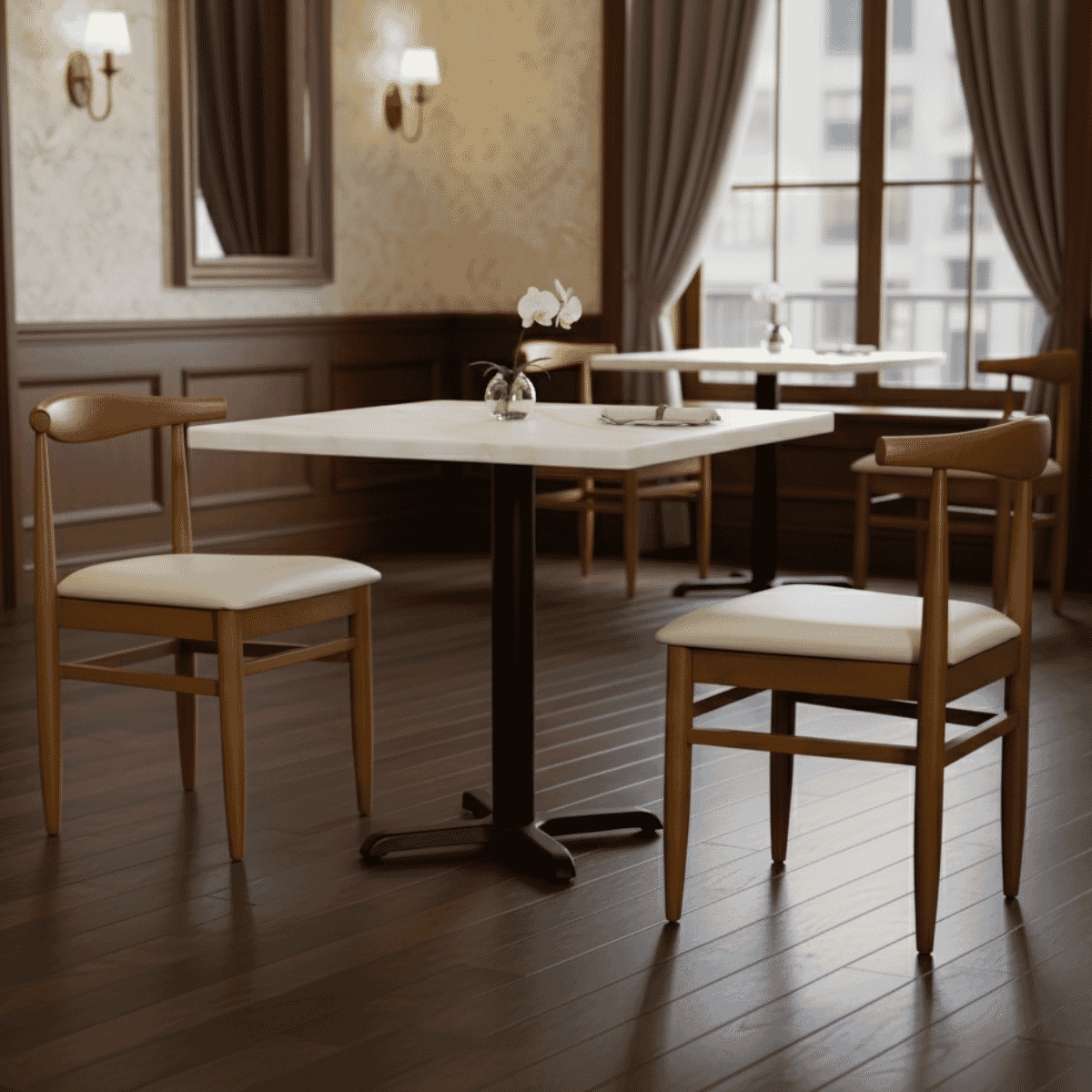 White Sintered Stone Restaurant Table Set with 2 Stackable Chairs