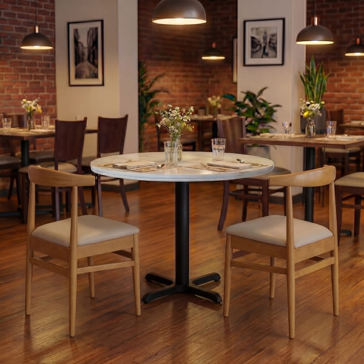 White Sintered Stone Restaurant Table Set with 2 Stackable Chairs