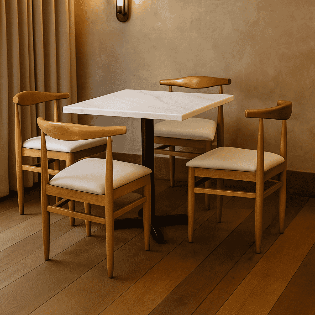 White Sintered Stone Restaurant Table Set with 4 Stackable Chairs