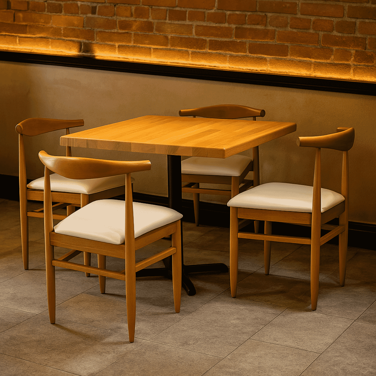 Natural Beechwood Restaurant Table Set with 4 Stackable Chairs