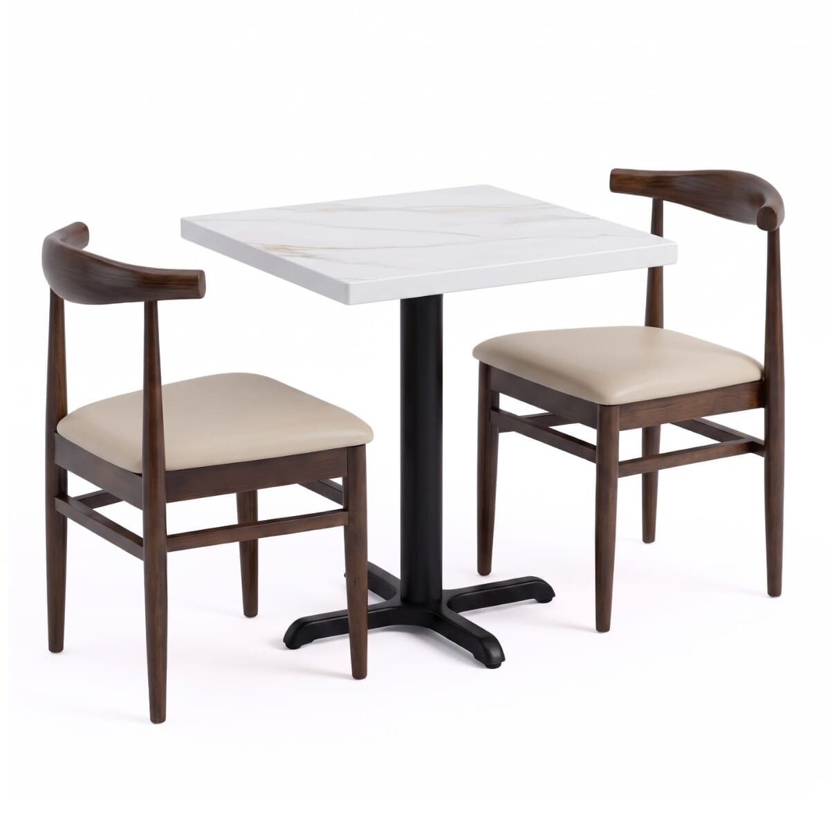 Modern White Sintered Stone Restaurant Table Set with 2 Walnut Chairs