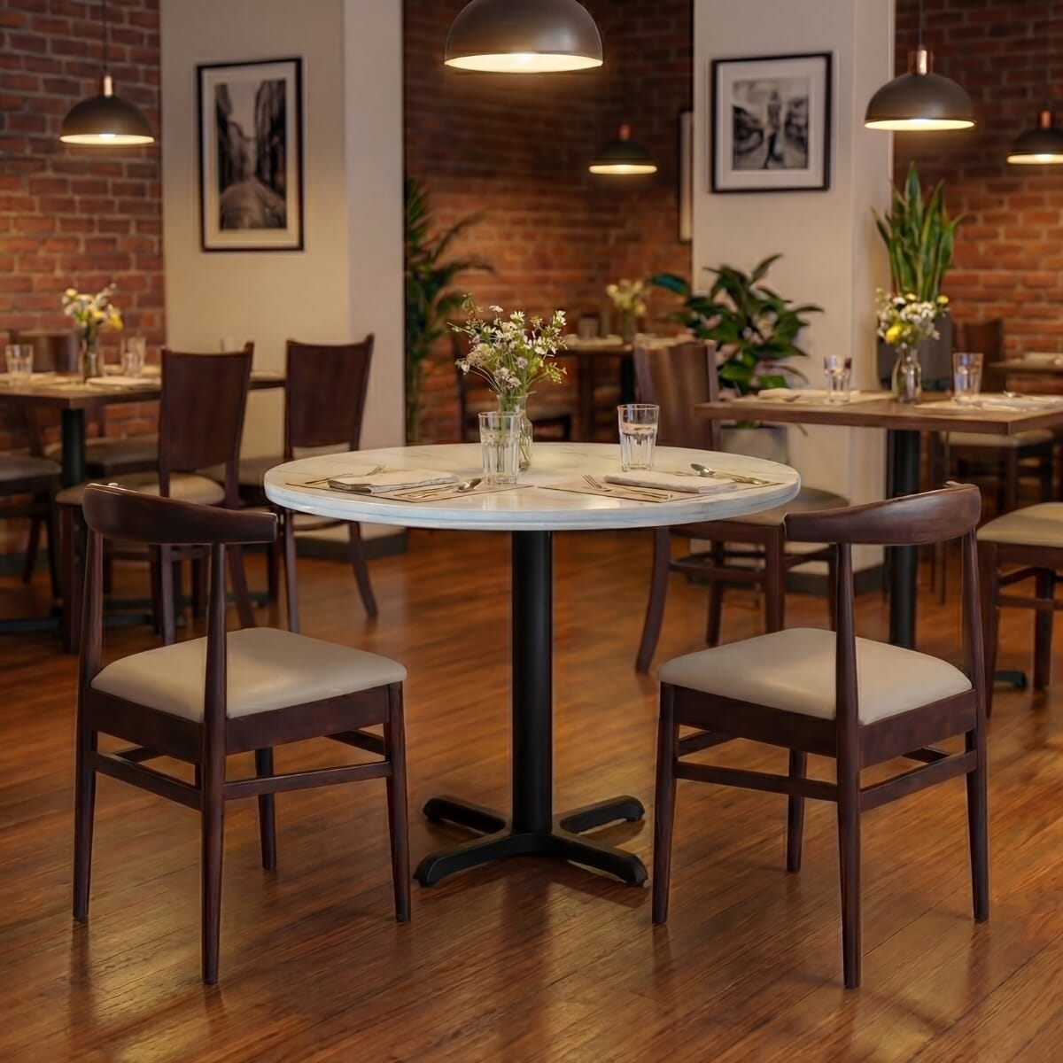 Modern White Sintered Stone Restaurant Table Set with 2 Walnut Chairs