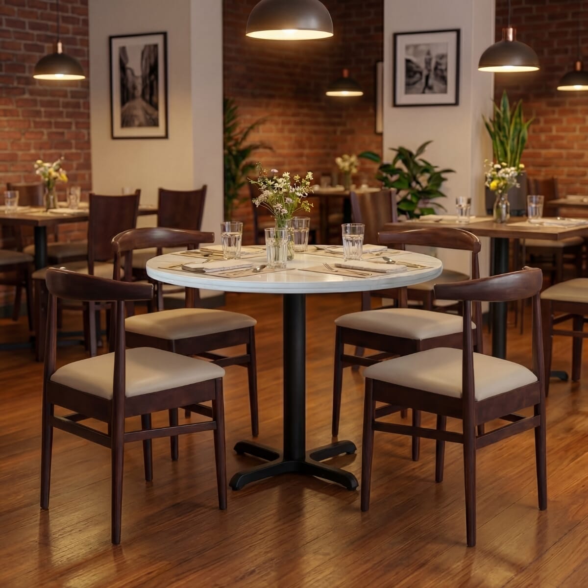 Modern White Sintered Stone Restaurant Table Set with 4 Walnut Chairs