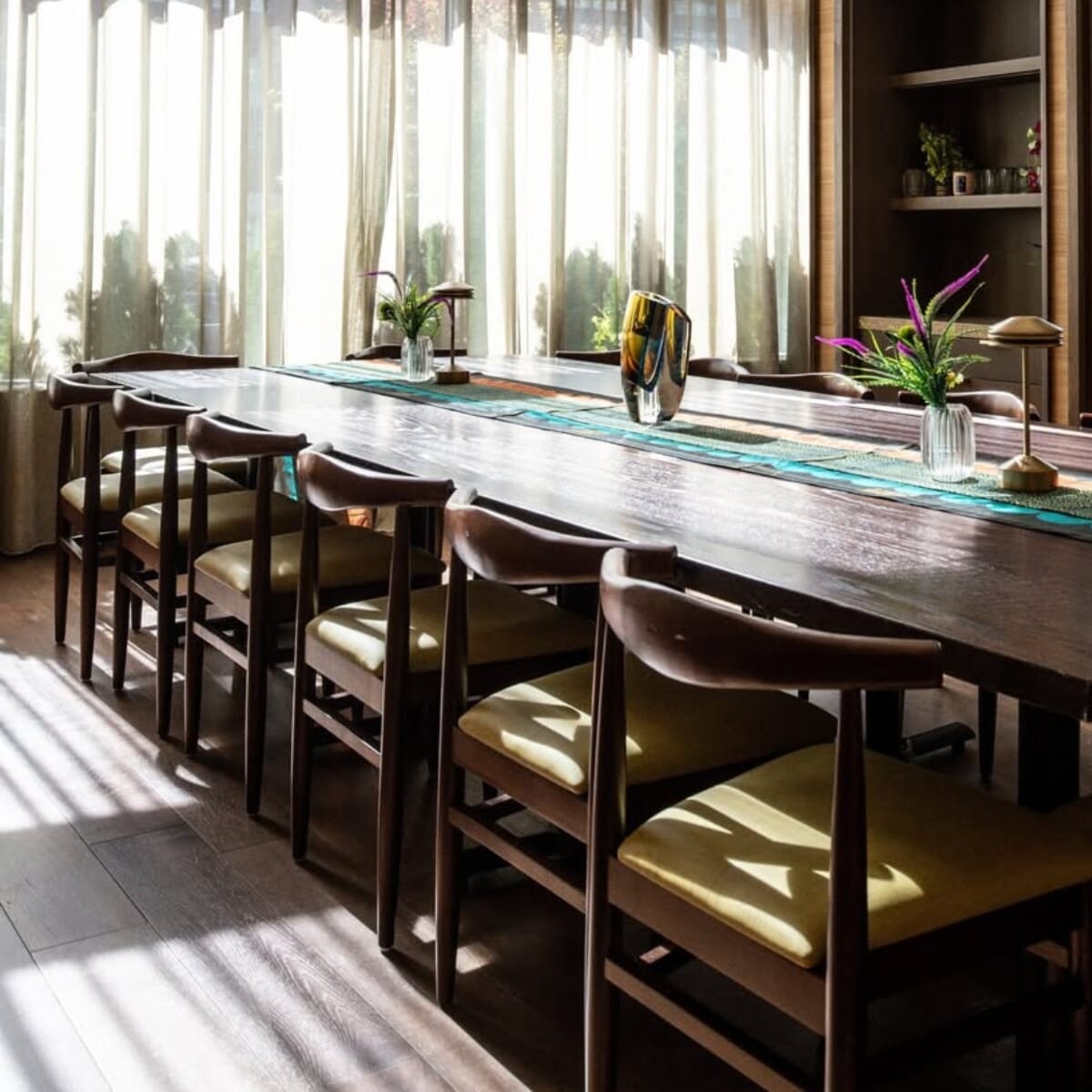 Stackable Antique Walnut Elm Wood Restaurant Chair With Upholstered Seat