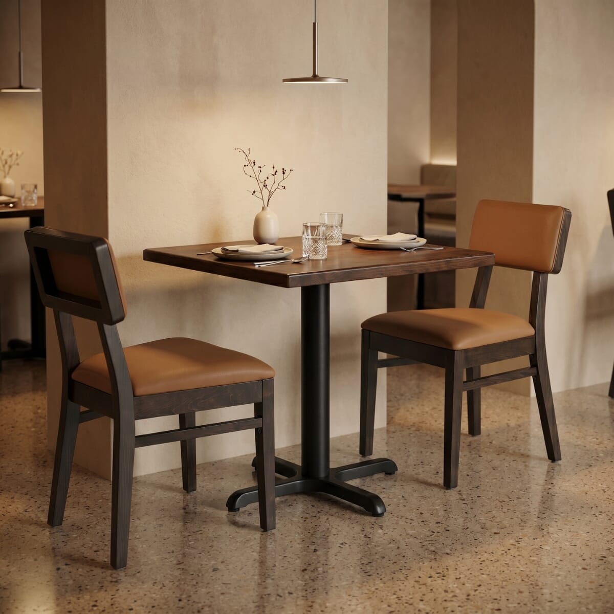 2-Seat Square Back Walnut Restaurant Set with Beech Top