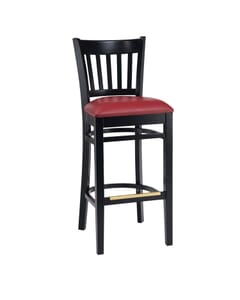 Black Wood Vertical-Back Commercial Bar Stool with Upholstered Seat (front)
