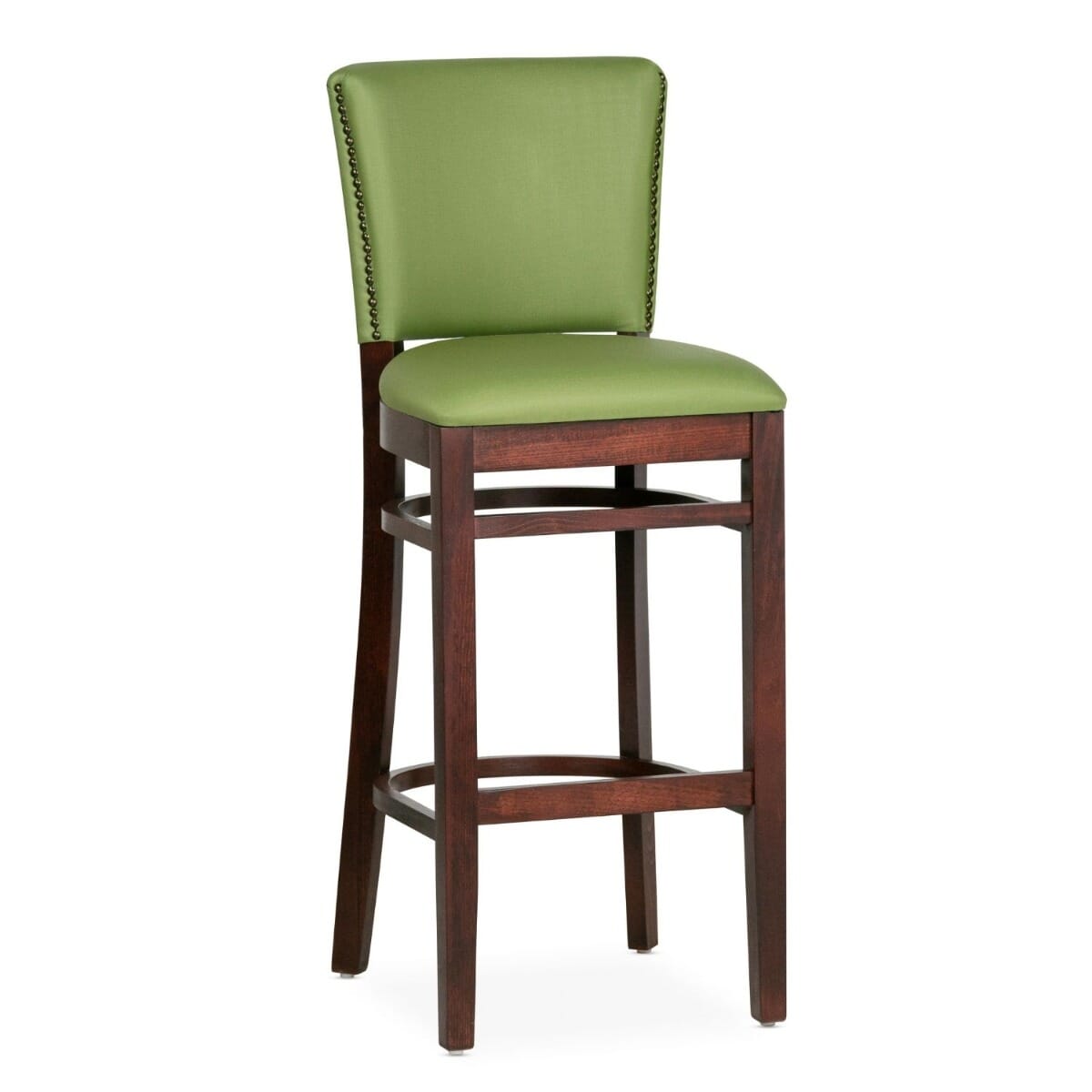 Fully Upholstered Dark Mahogany Beech Wood Restaurant Bar Stool with Custom Vinyl