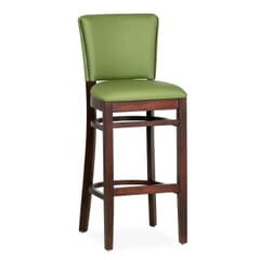 Fully Upholstered Dark Mahogany Beech Wood Restaurant Bar Stool with Custom Vinyl