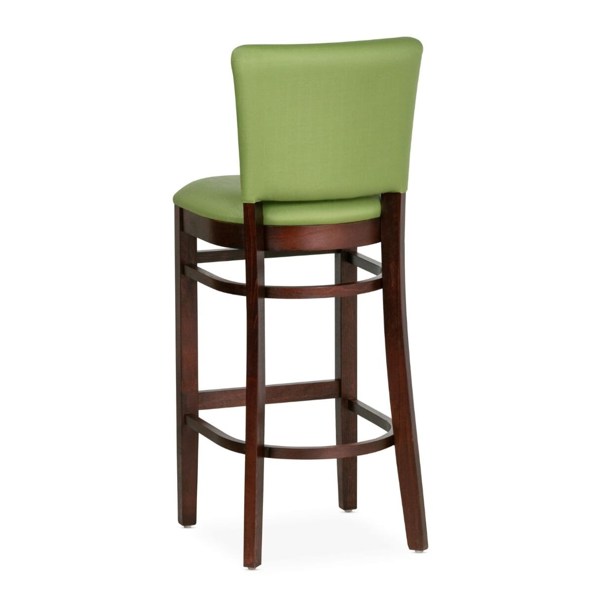 Fully Upholstered Dark Mahogany Beech Wood Restaurant Bar Stool with Custom Vinyl