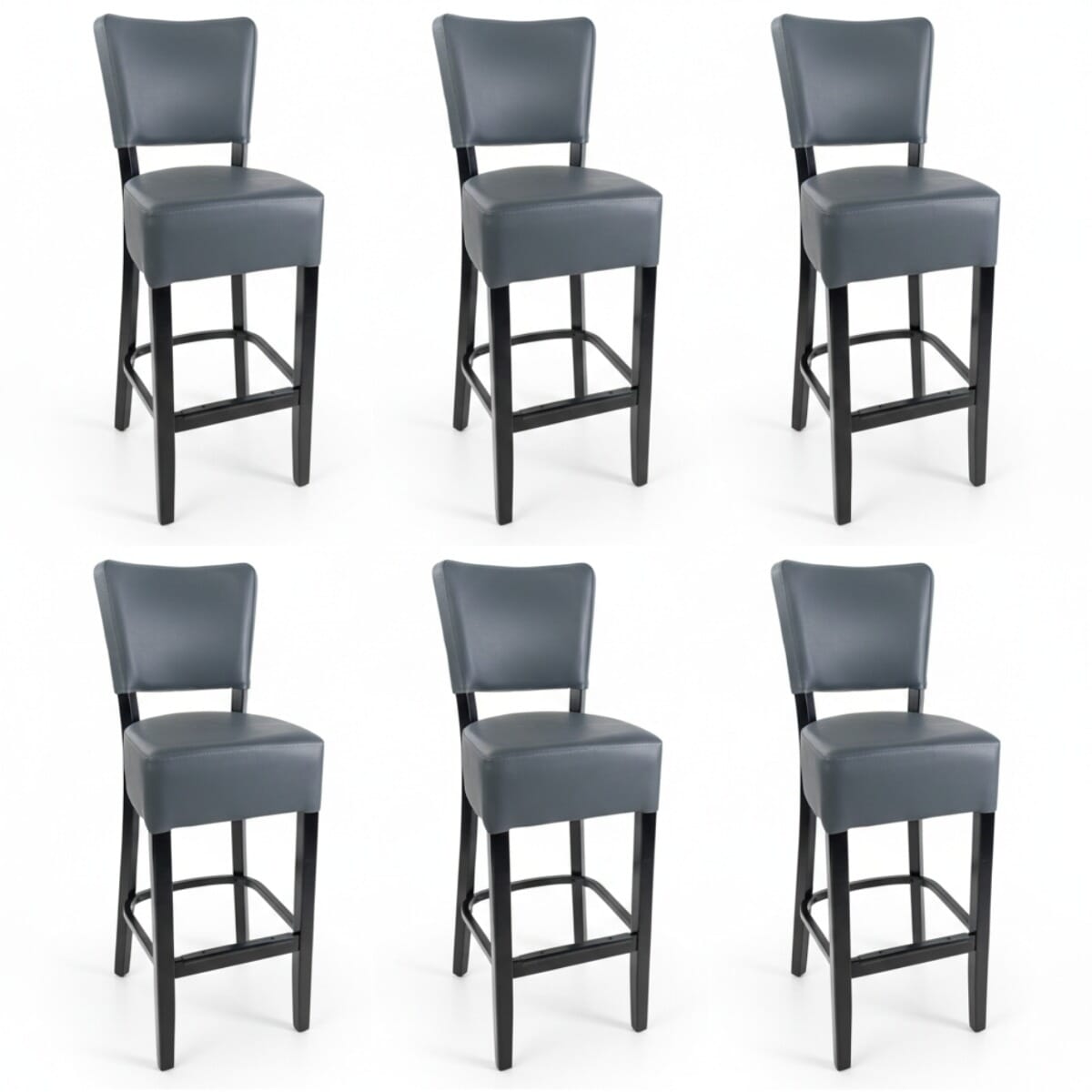Lot of 6 - Fully Upholstered Faux-Leather Commercial Dining Bar Stool In Grey Vinyl