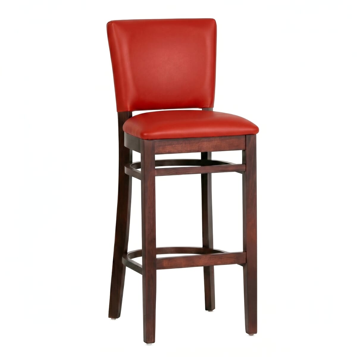 Fully Upholstered Dark Mahogany Beech Wood Restaurant Bar Stool with Custom Vinyl