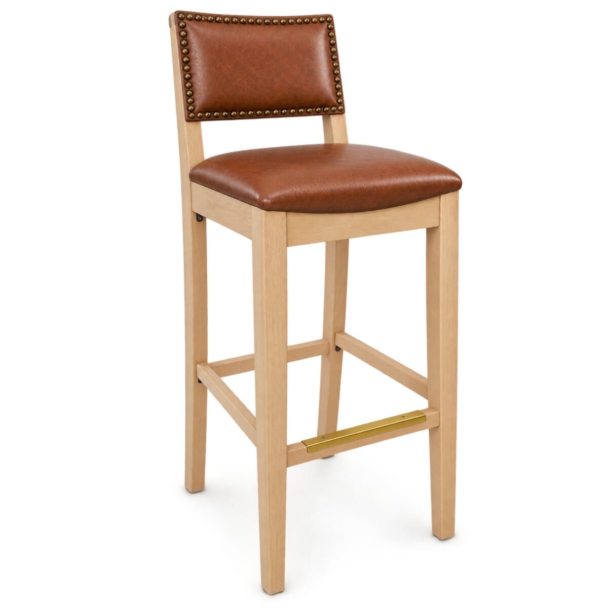 Fully Upholstered Natural Wood Madison Commercial Bar Stool with Nail-head Trim