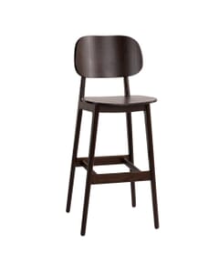 Front view of a walnut dark-stained wooden restaurant bar stool with a curved backrest and four legs