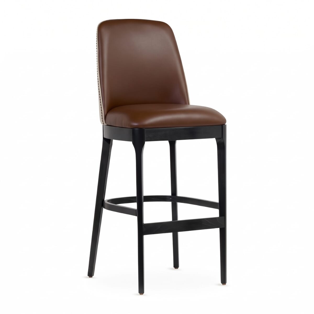 Custom Fully Upholstered Townsend Wood Restaurant Bar Stool in Black Finish with Nailhead Trim