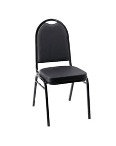 A banquet chair with a black upholstered seat and backrest, featuring a rounded top and a black metal frame, viewed from the front